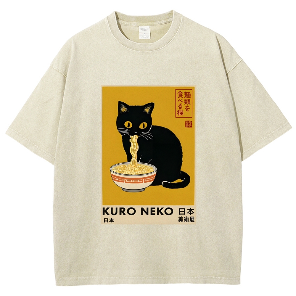 Unisex Kuro Neko Ramen Washed T-Shirt