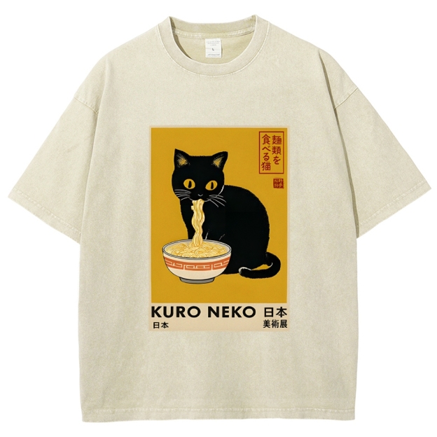Unisex Kuro Neko Ramen Washed T-Shirt
