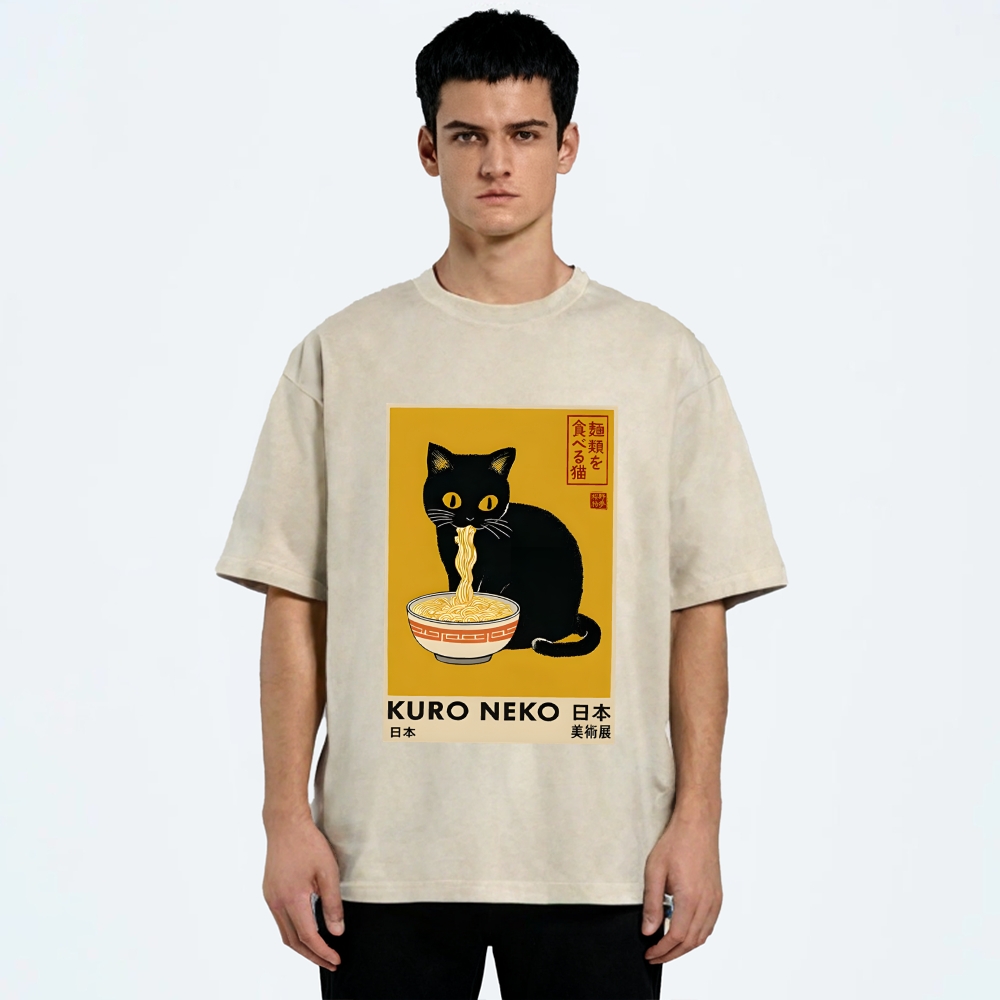 Unisex Kuro Neko Ramen Washed T-Shirt