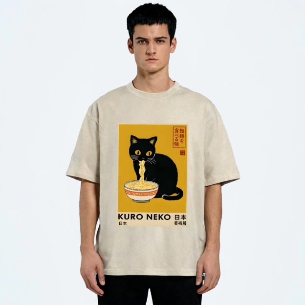 Unisex Kuro Neko Ramen Washed T-Shirt