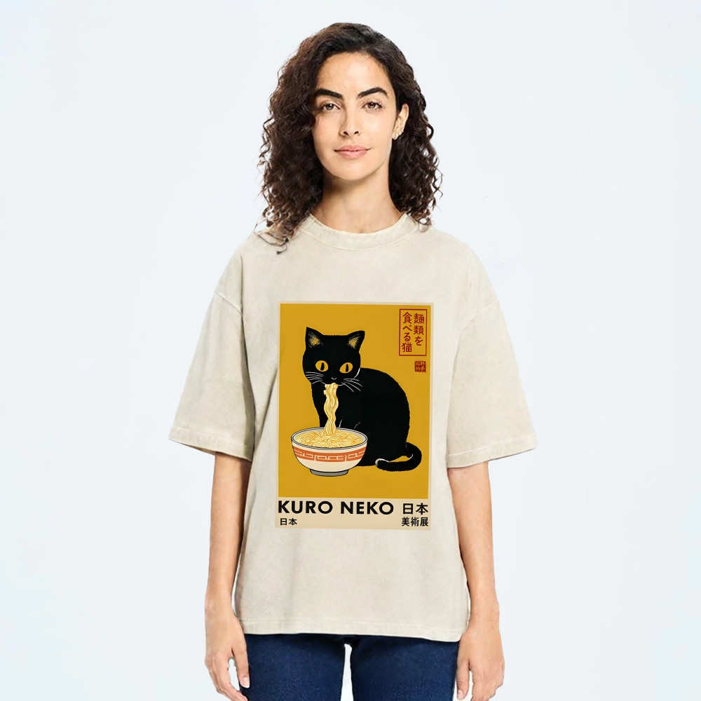 Unisex Kuro Neko Ramen Washed T-Shirt