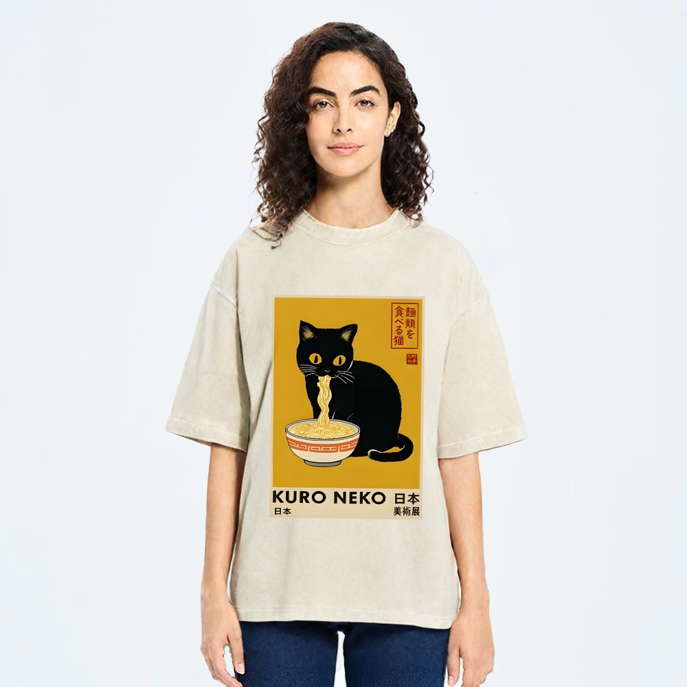 Unisex Kuro Neko Ramen Washed T-Shirt