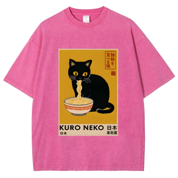Unisex Kuro Neko Ramen Washed T-Shirt