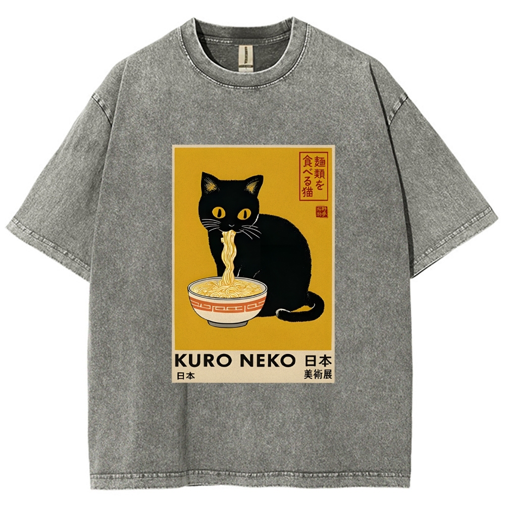 Unisex Kuro Neko Ramen Washed T-Shirt