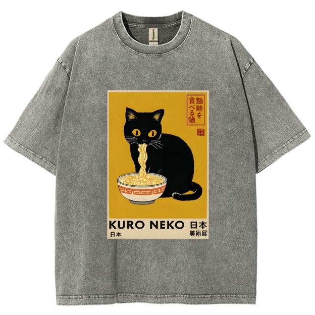 Unisex Kuro Neko Ramen Washed T-Shirt