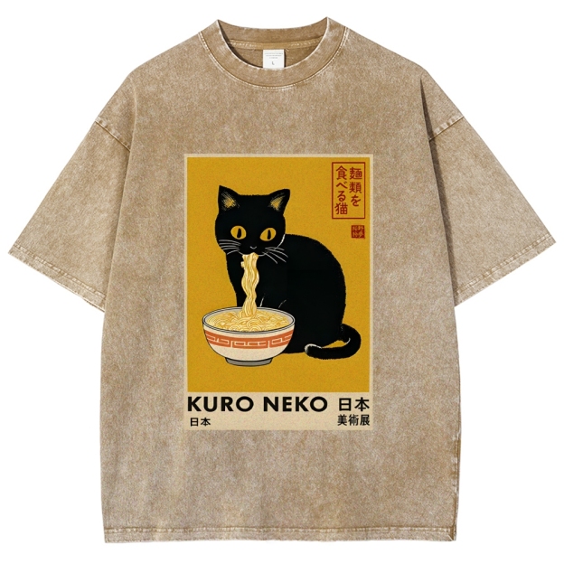 Unisex Kuro Neko Ramen Washed T-Shirt