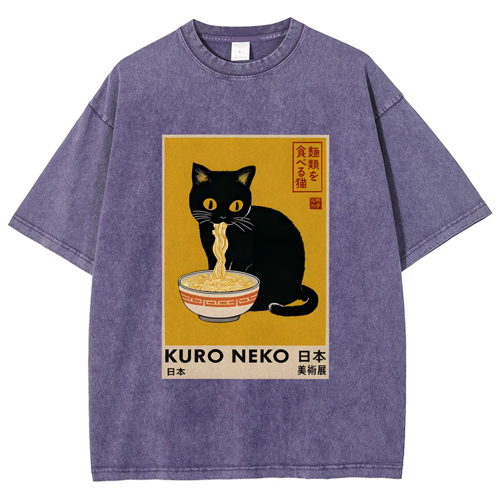 Unisex Kuro Neko Ramen Washed T-Shirt