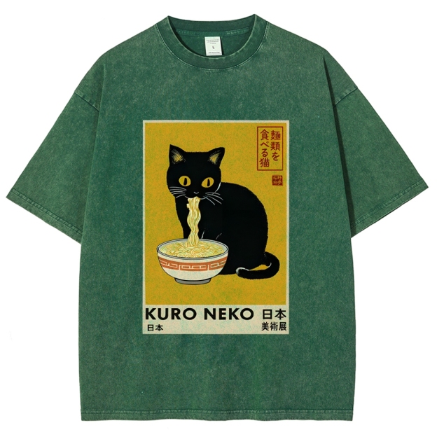 Unisex Kuro Neko Ramen Washed T-Shirt