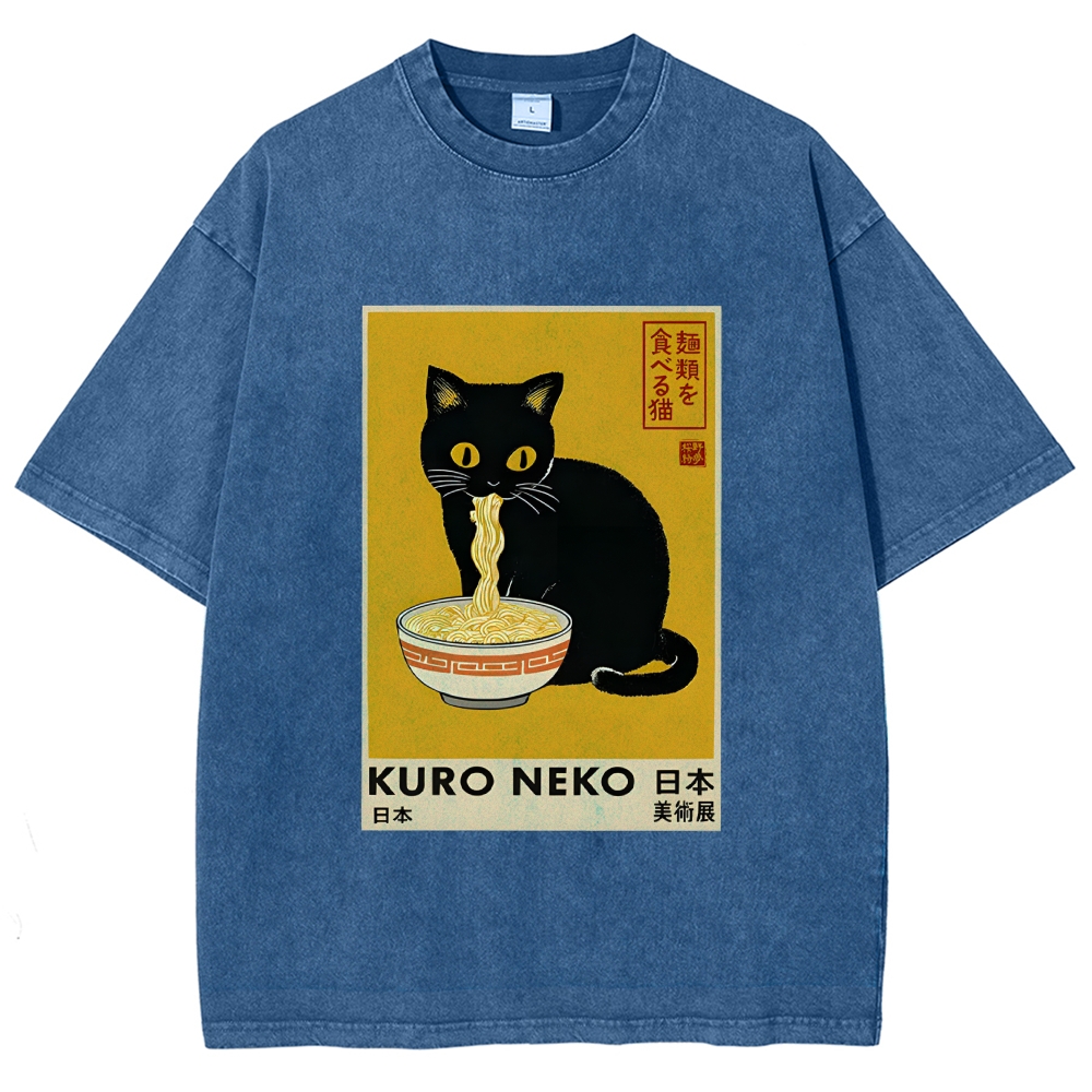 Unisex Kuro Neko Ramen Washed T-Shirt