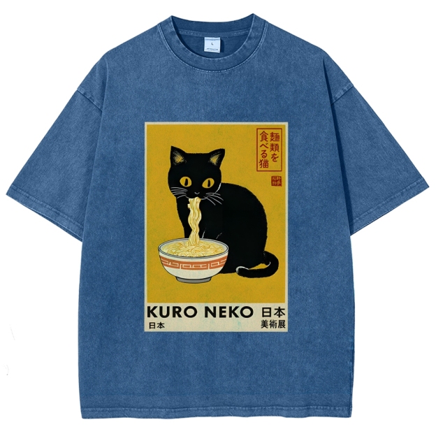 Unisex Kuro Neko Ramen Washed T-Shirt