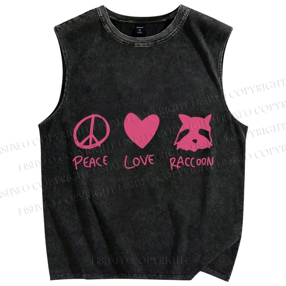 Unisex Peace Love Raccoon Printed Washed Tank Top