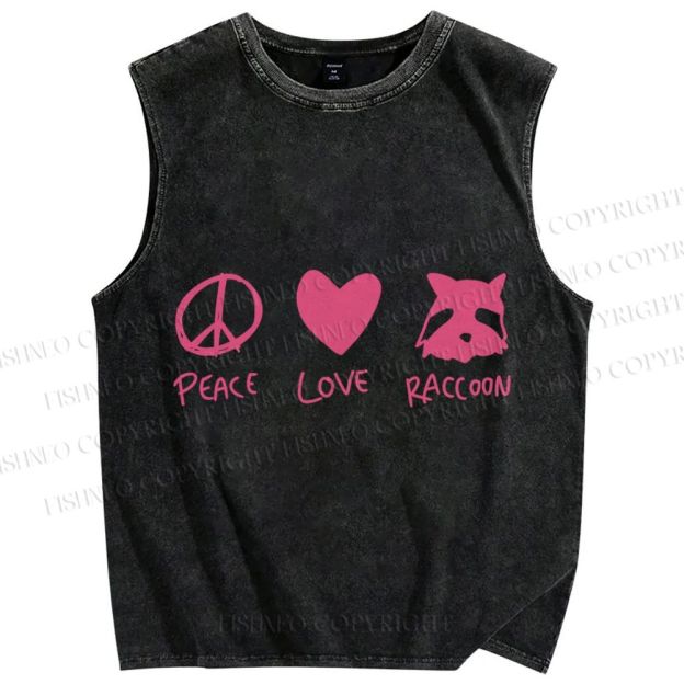 Unisex Peace Love Raccoon Printed Washed Tank Top
