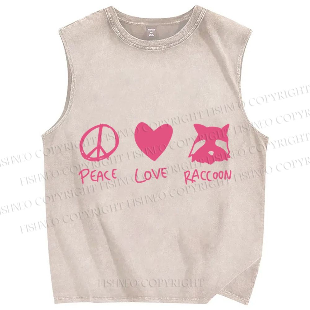 Unisex Peace Love Raccoon Printed Washed Tank Top