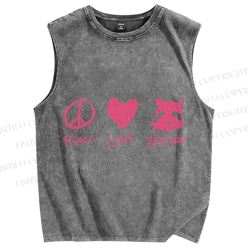Unisex Peace Love Raccoon Printed Washed Tank Top