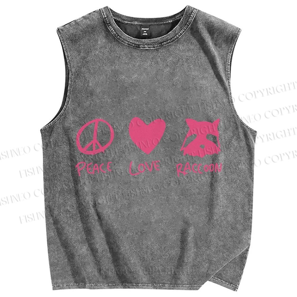 Unisex Peace Love Raccoon Printed Washed Tank Top