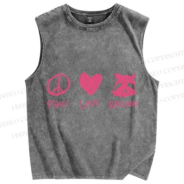Unisex Peace Love Raccoon Printed Washed Tank Top