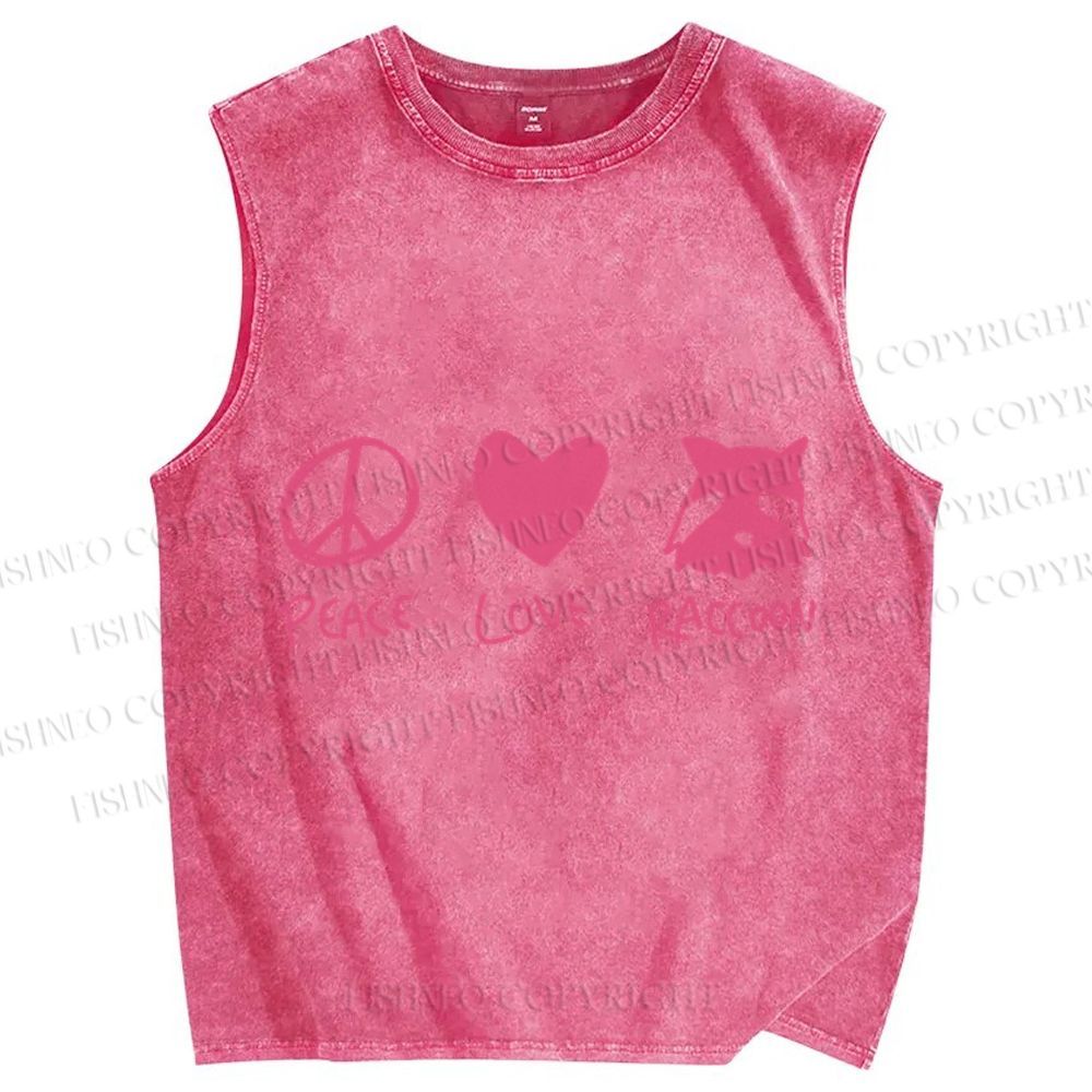 Unisex Peace Love Raccoon Printed Washed Tank Top