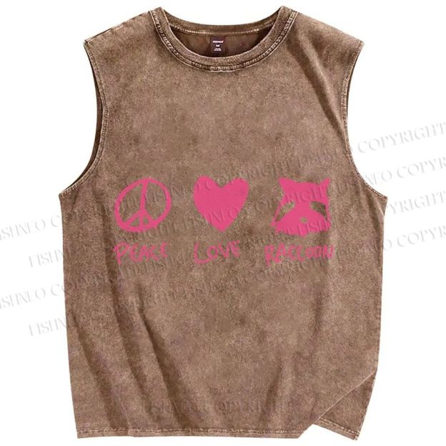 Unisex Peace Love Raccoon Printed Washed Tank Top