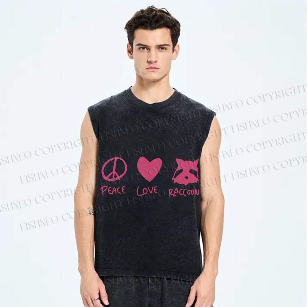 Unisex Peace Love Raccoon Printed Washed Tank Top