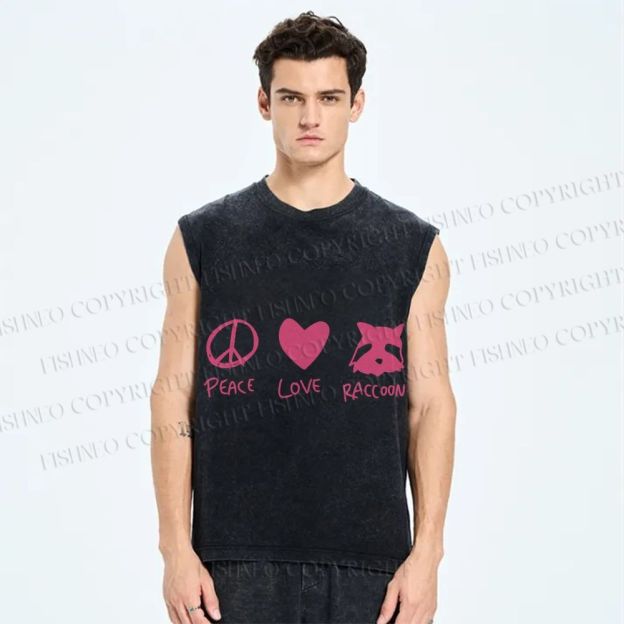 Unisex Peace Love Raccoon Printed Washed Tank Top
