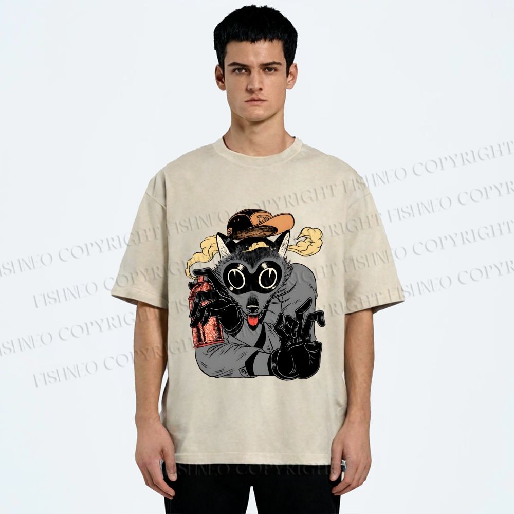 Unisex Ghetto Raccoon Printed Washed Tee