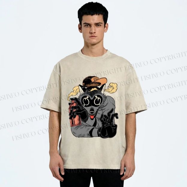 Unisex Ghetto Raccoon Printed Washed Tee