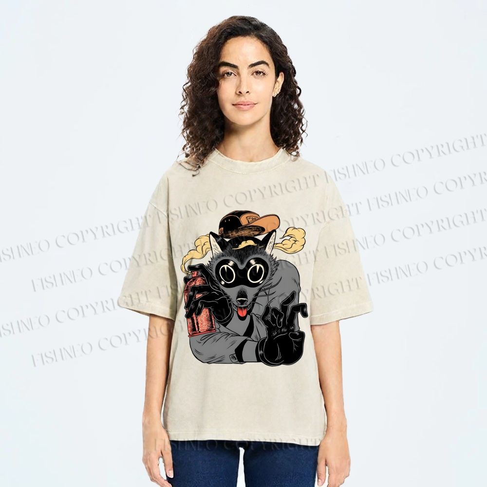 Unisex Ghetto Raccoon Printed Washed Tee