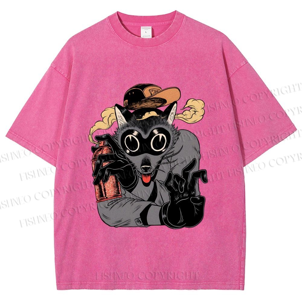 Unisex Ghetto Raccoon Printed Washed Tee