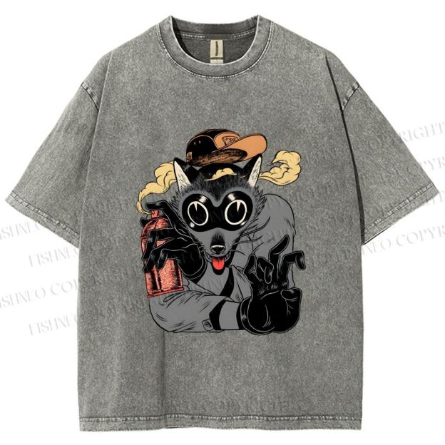 Unisex Ghetto Raccoon Printed Washed Tee