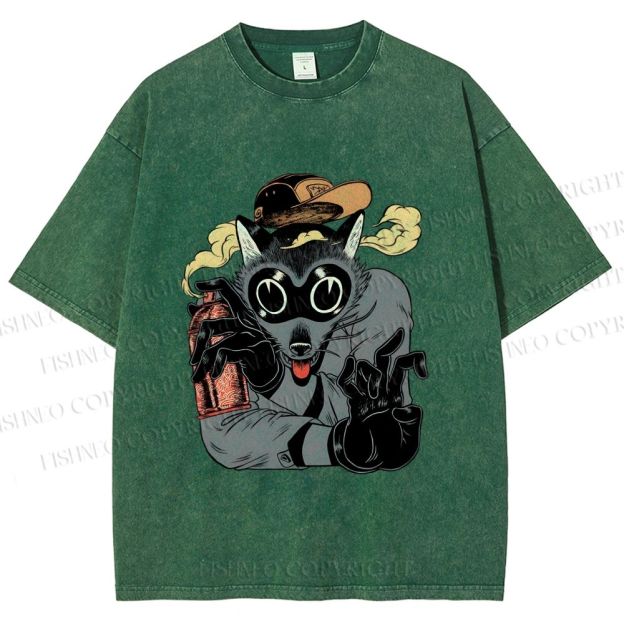 Unisex Ghetto Raccoon Printed Washed Tee
