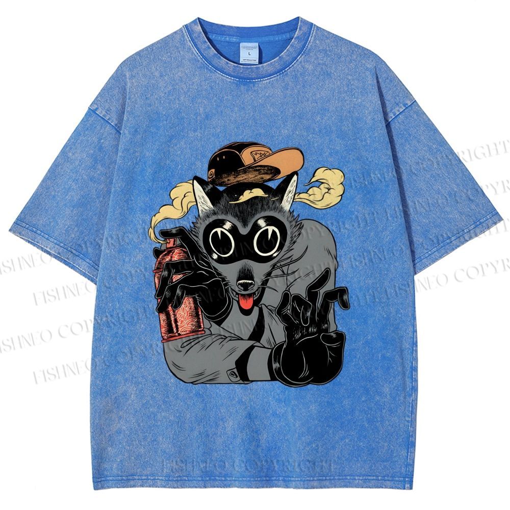 Unisex Ghetto Raccoon Printed Washed Tee