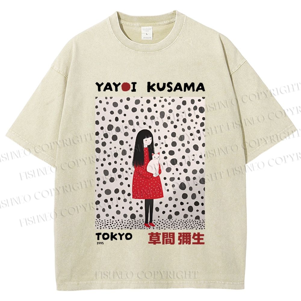 Unisex Yayoi Kusama Woman With Cat Printed Washed Tee