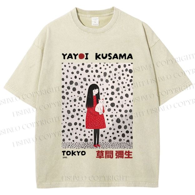 Unisex Yayoi Kusama Woman With Cat Printed Washed Tee