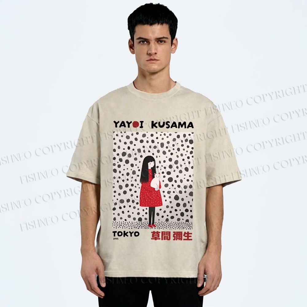 Unisex Yayoi Kusama Woman With Cat Printed Washed Tee