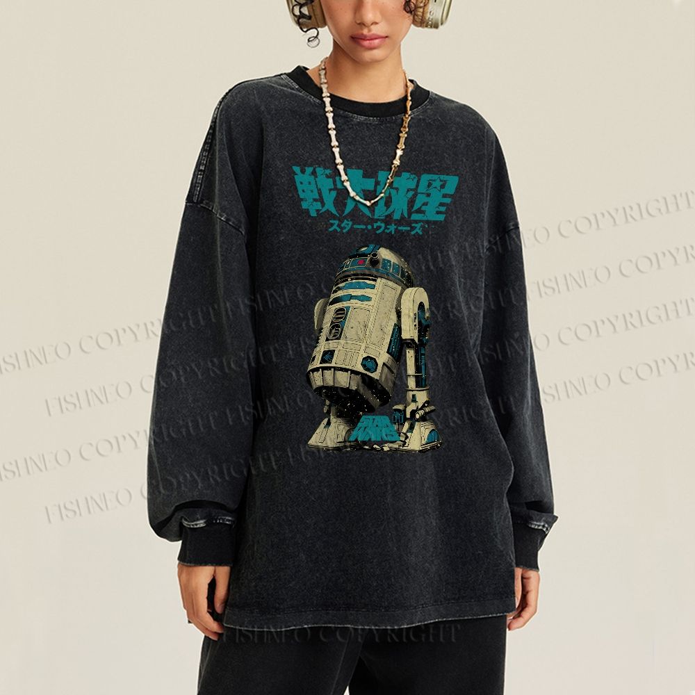 Unisex Casual Washed Star Wars Printed Long Sleeve T-shirt