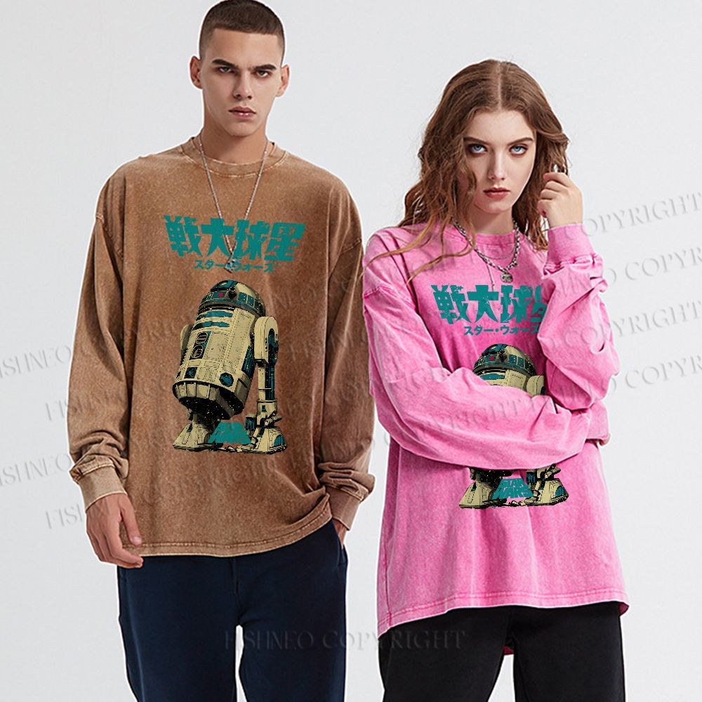 Unisex Casual Washed Star Wars Printed Long Sleeve T-shirt