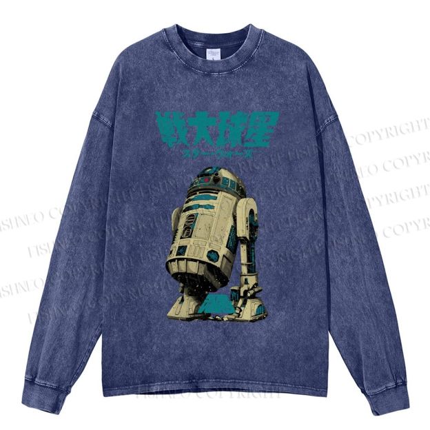 Unisex Casual Washed Star Wars Printed Long Sleeve T-shirt