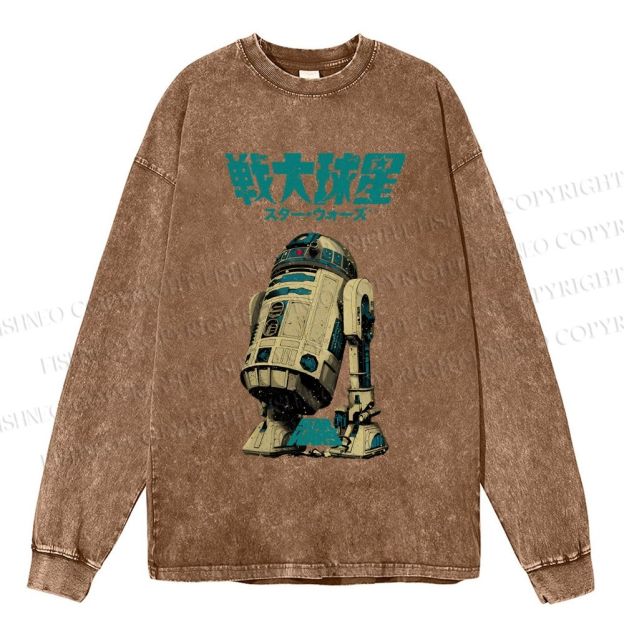 Unisex Casual Washed Star Wars Printed Long Sleeve T-shirt