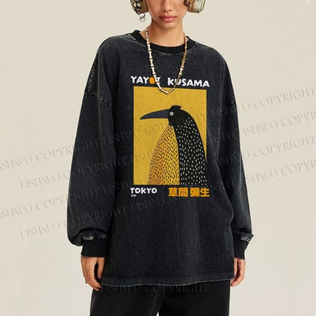 Unisex Casual Washed Half-Split Dot Bird Printed Long Sleeve T-shirt