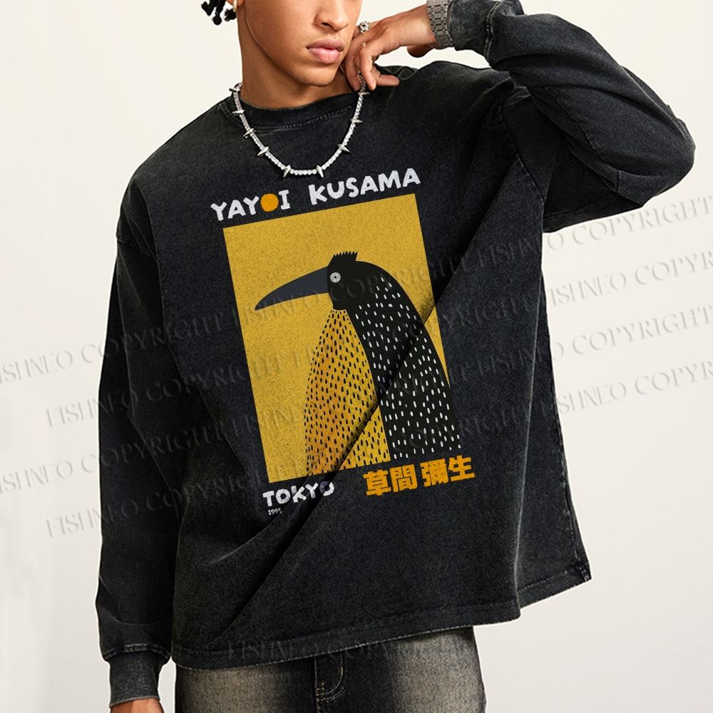 Unisex Casual Washed Half-Split Dot Bird Printed Long Sleeve T-shirt
