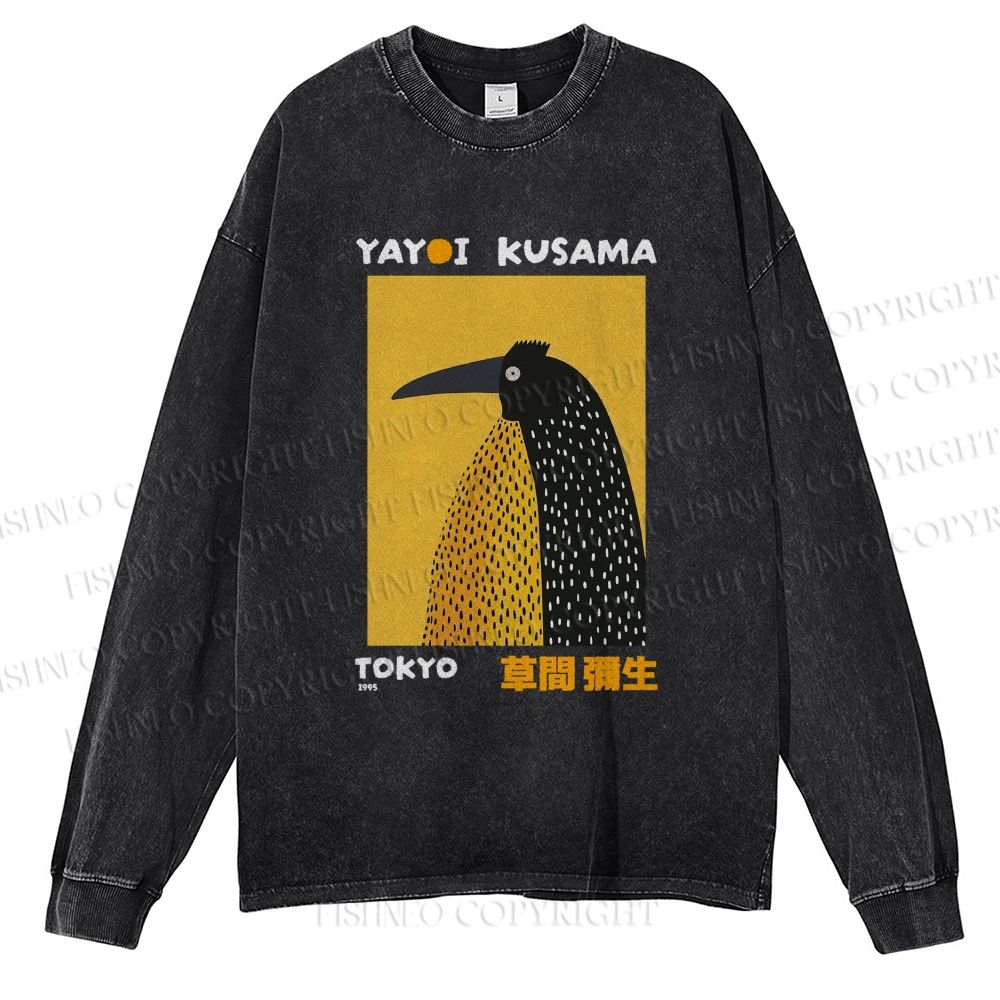 Unisex Casual Washed Half-Split Dot Bird Printed Long Sleeve T-shirt