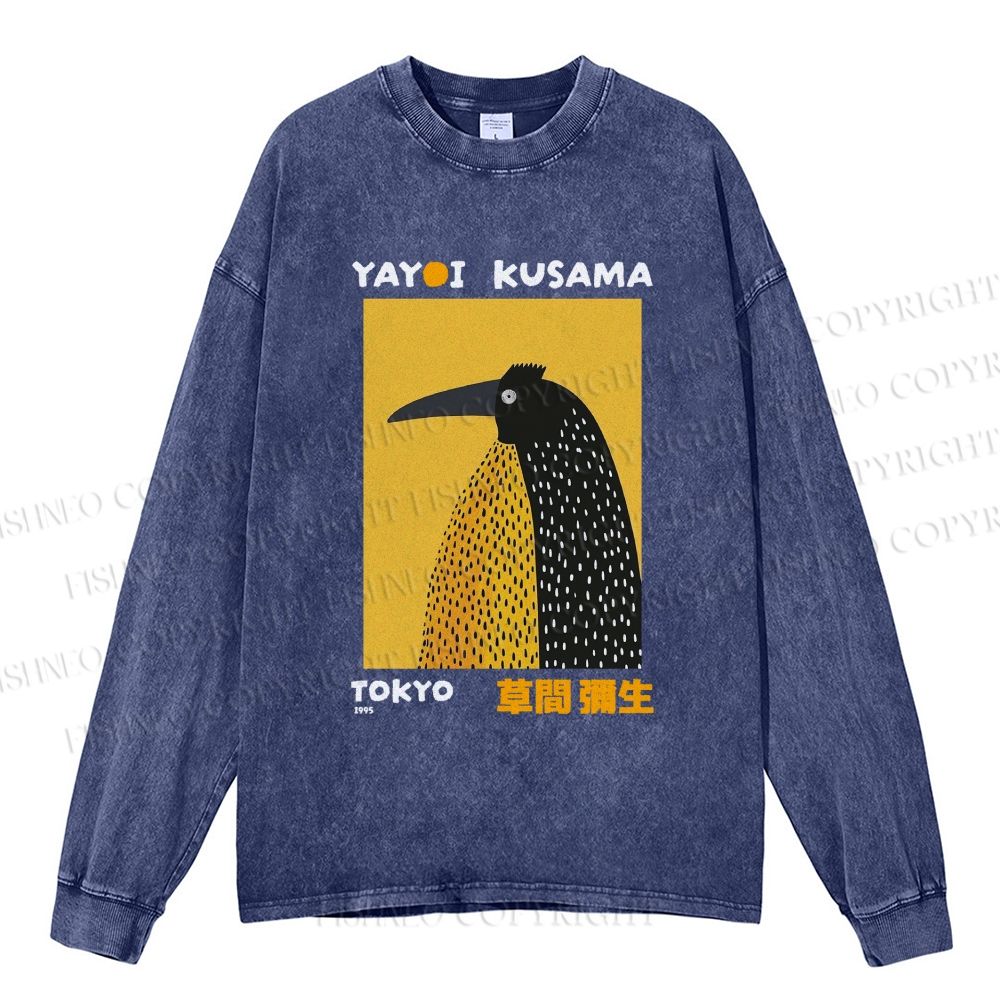 Unisex Casual Washed Half-Split Dot Bird Printed Long Sleeve T-shirt