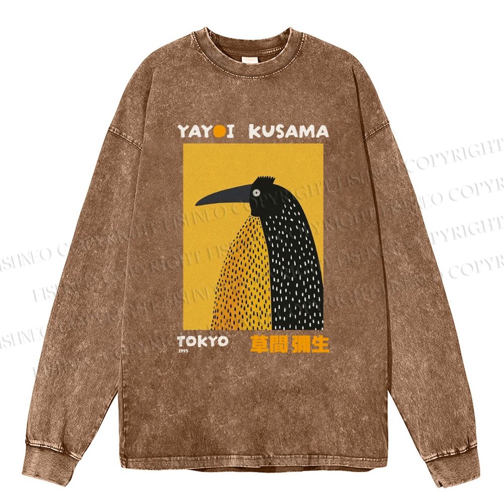 Unisex Casual Washed Half-Split Dot Bird Printed Long Sleeve T-shirt