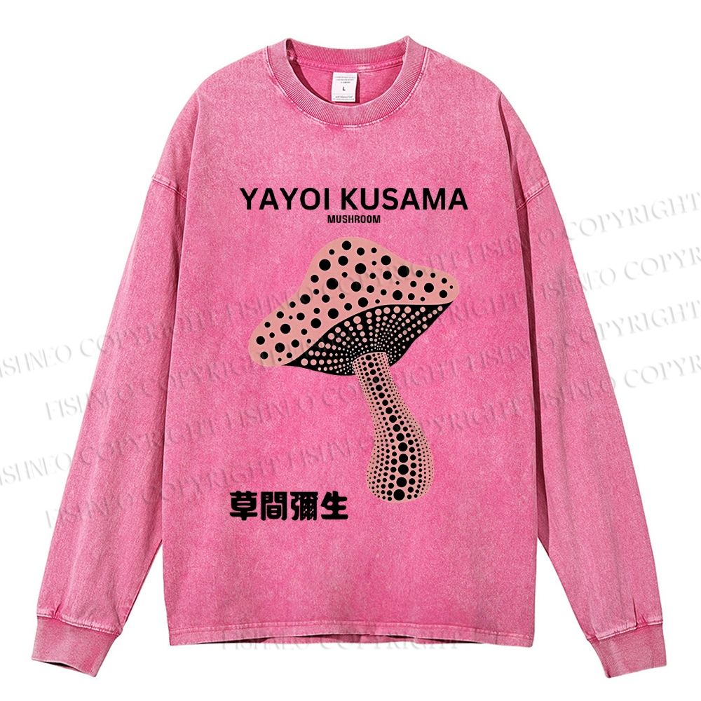 Unisex Casual Washed Japanese Yayoi Kusama Mushroom  Printed Long Sleeve T-shirt
