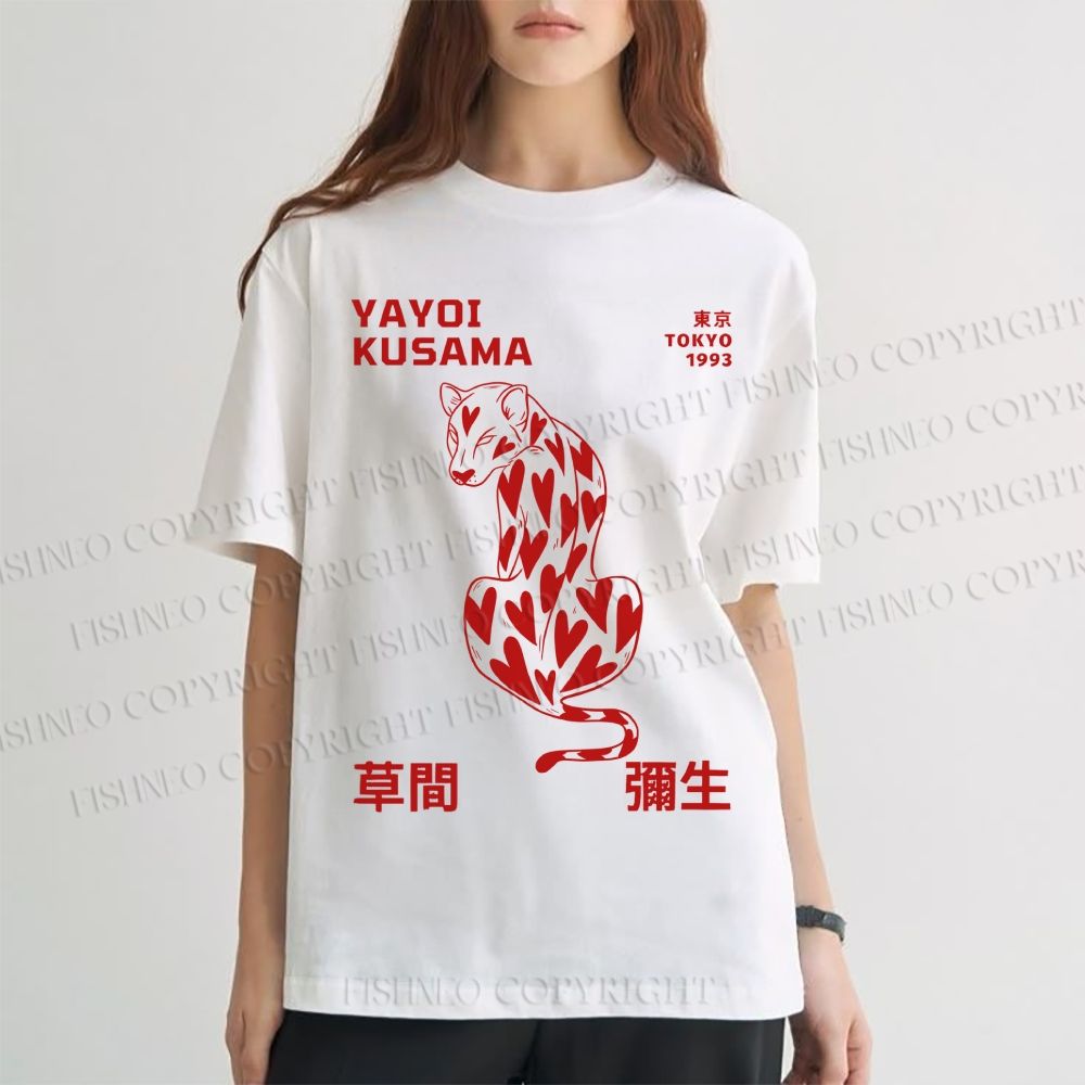 Unisex Classic Cotton Yayoi Kusama Panther With Heart Printed T-shirt