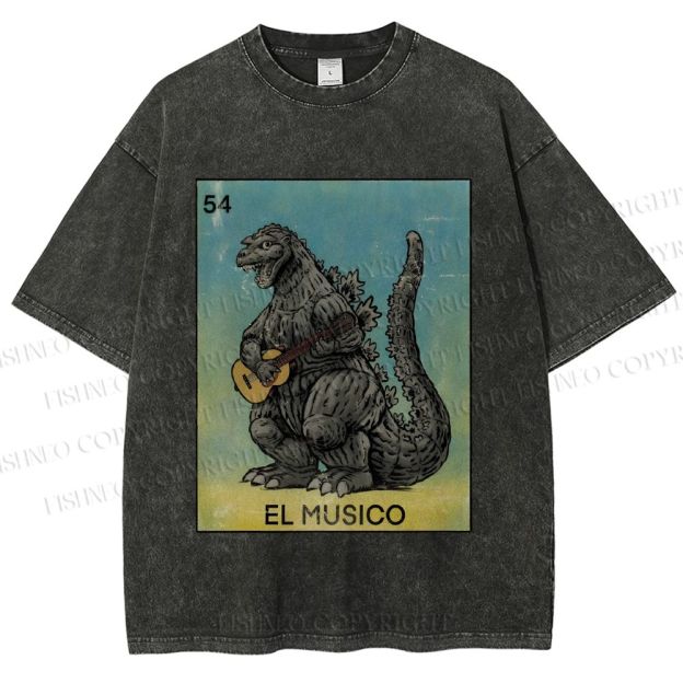 Unisex Silly Godzilla Play the Guitar El Musico Printed Washed Tee