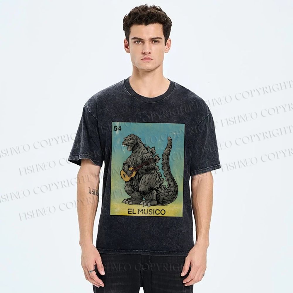 Unisex Silly Godzilla Play the Guitar El Musico Printed Washed Tee
