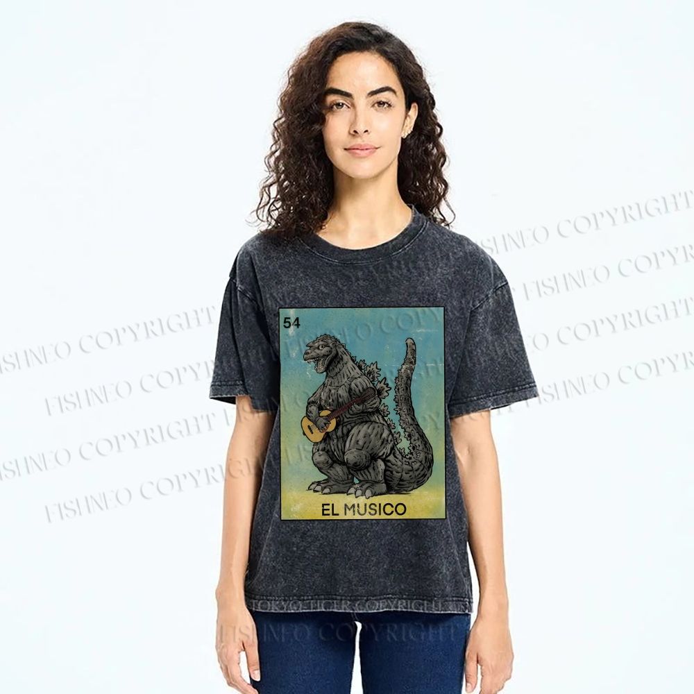 Unisex Silly Godzilla Play the Guitar El Musico Printed Washed Tee