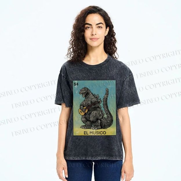 Unisex Silly Godzilla Play the Guitar El Musico Printed Washed Tee