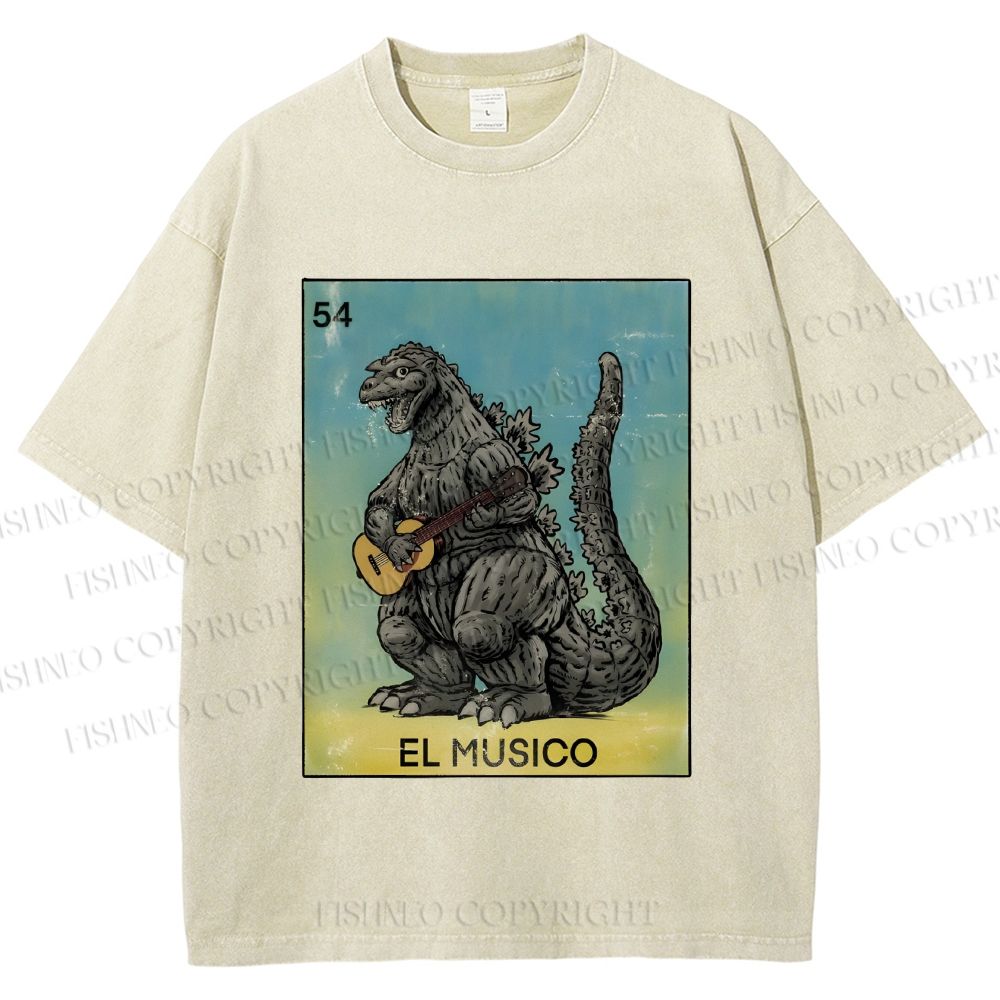 Unisex Silly Godzilla Play the Guitar El Musico Printed Washed Tee